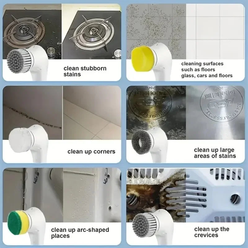Escova de limpeza elétrica multifuncional cinco em um para lavagem de banheiro e ferramentas de limpeza de cozinha
